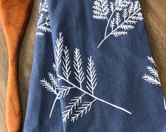 BLUE Cedar Branch flour sack tea towel. Hand dyed towel. Cotton kitchen towel. Dish cloth. Screen print. Hand printed. Hostess gift idea.