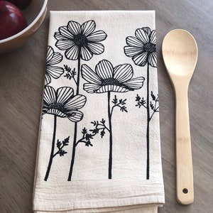 Cosmos flower flour sack tea towel. Cotton kitchen dish towel. Housewarming gift. Hostess gift. Screen print. Hand print. Black ink on white