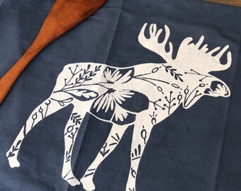 BLUE hand dyed Moose flour sack tea towel. Cotton kitchen towel. Dish towel. Cabin kitchen decor. Housewarming gift idea. Screen print.