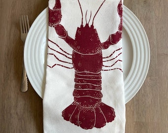 Maine lobster dinner napkin set. Cotton napkins. Table linens. Hostess gift idea. Housewarming gift. Screen printed napkins. Made in Maine.