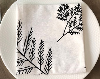 Cedar branches dinner napkins. 20"x20" cotton cloth dinner napkin set. Table setting linens. Hostess gift idea. Hand printed. Screen print.