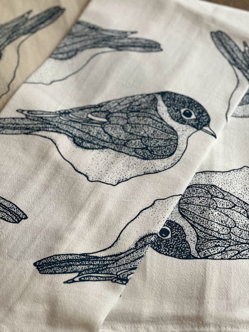 Bluebird flour sack tea towel. Bird print kitchen towel. Screen printed cotton dish towel. Hostess gift idea. Housewarming gift. image 1