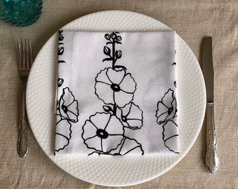 Hollyhocks dinner napkins-cloth dinner napkins-table settings decor-Hand printed-Hostess gift-Housewarming gift-Stocking stuffer.