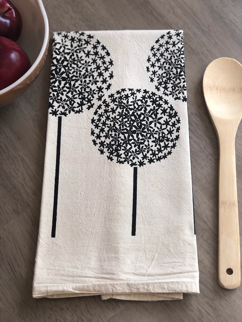 Allium flour sack tea towel. Flower kitchen towel. Screen printed. Hostess gift idea. Housewarming gift. Made in Maine image 3