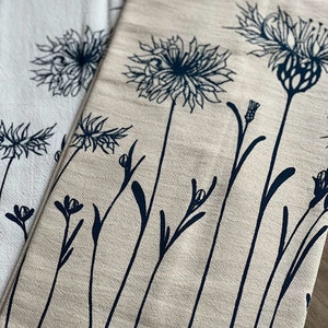 Bachelor buttons flower flour sack tea towel. Screen printed kitchen towel. Cotton dish towel. Hostess gift idea. Housewarming gift. image 1