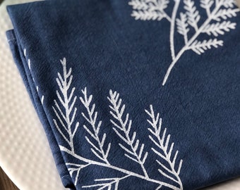 BLUE hand dyed dinner napkins. Cedar branches screen printed napkins. Cotton cloth napkins. Table setting decor. Hostess gift idea.