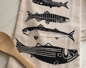 Fish Tea Towels-Maine Fish-Flour Sack Tea Towel-Screen Print-Cotton Dish Towel-Hostess Gift-Housewarming Gift-Kitchen Towel-Gift for him