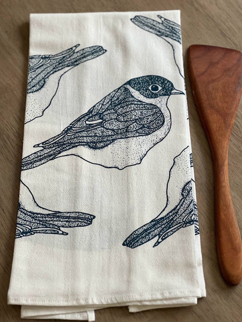 Bluebird flour sack tea towel. Bird print kitchen towel. Screen printed cotton dish towel. Hostess gift idea. Housewarming gift. image 8