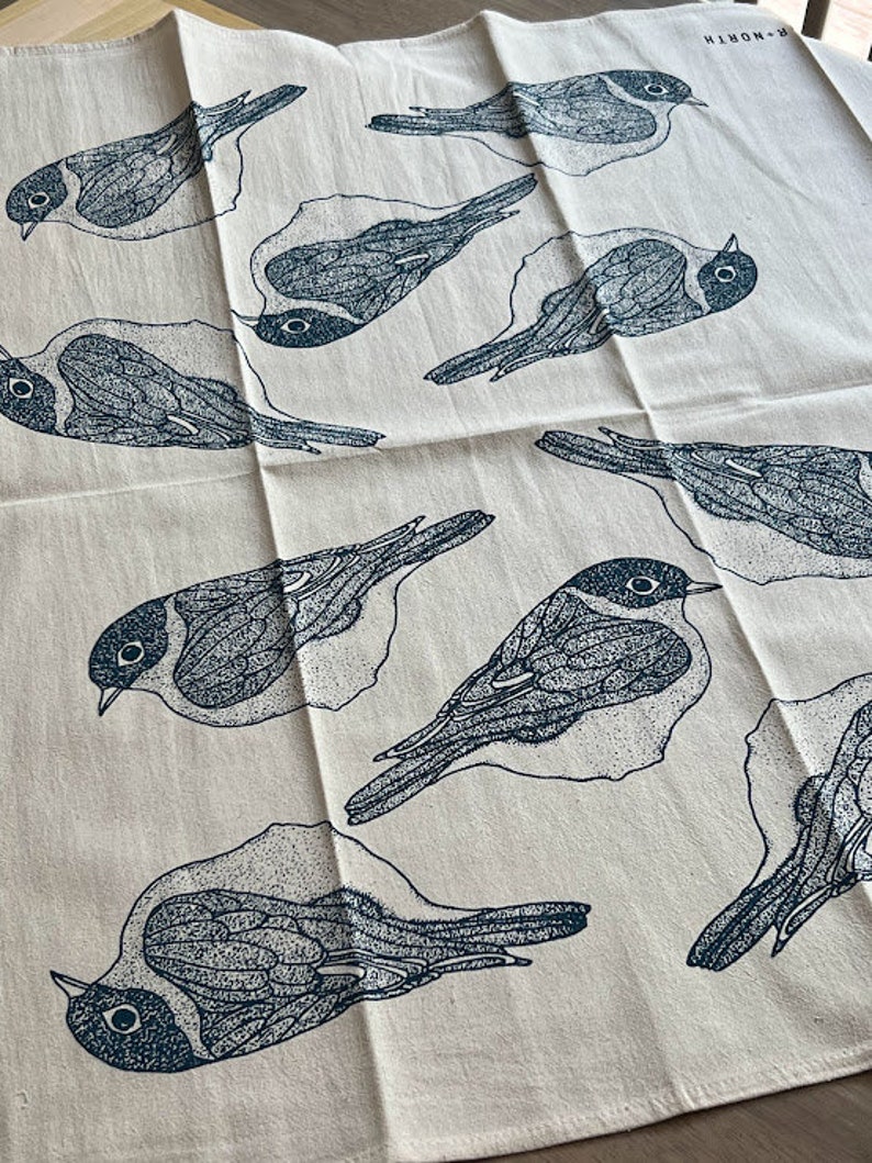 Bluebird flour sack tea towel. Bird print kitchen towel. Screen printed cotton dish towel. Hostess gift idea. Housewarming gift. image 4