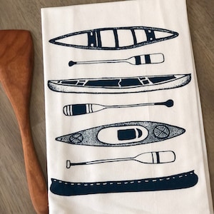 Canoes and kayaks flour sack tea towel. Cotton kitchen towel. Dish towel. Lakehouse decor. Cabin gift idea. Hand printed. Hostess gift idea