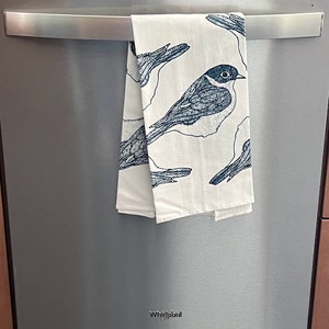 Bluebird flour sack tea towel. Bird print kitchen towel. Screen printed cotton dish towel. Hostess gift idea. Housewarming gift. image 3