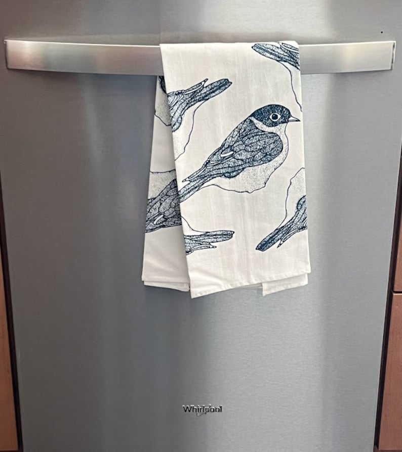 Bluebird flour sack tea towel. Bird print kitchen towel. Screen printed cotton dish towel. Hostess gift idea. Housewarming gift. image 3