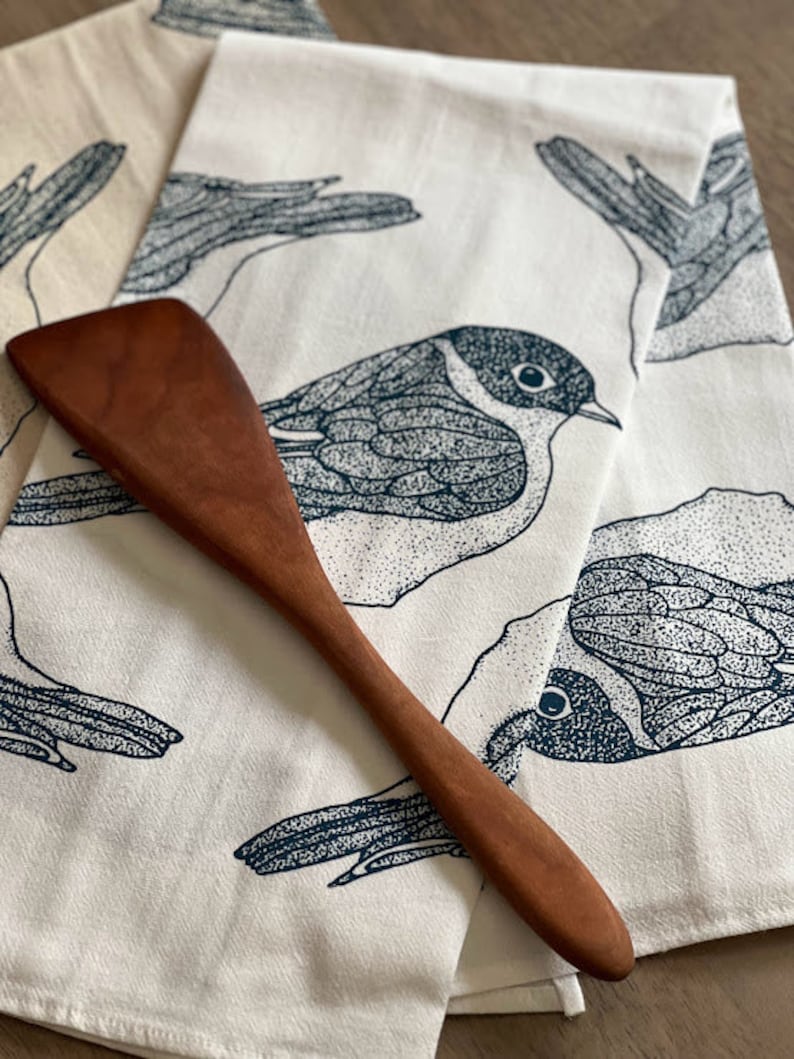 Bluebird flour sack tea towel. Bird print kitchen towel. Screen printed cotton dish towel. Hostess gift idea. Housewarming gift. image 2