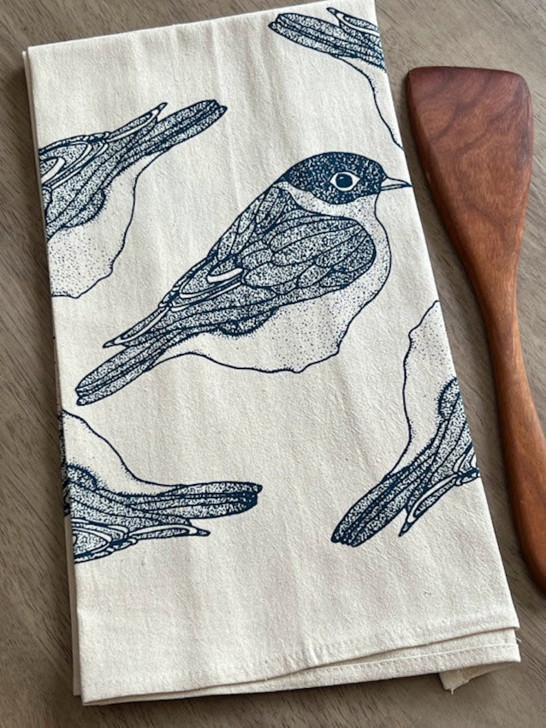 Bluebird flour sack tea towel. Bird print kitchen towel. Screen printed cotton dish towel. Hostess gift idea. Housewarming gift. image 6