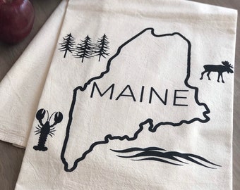 MAINE flour sack tea towel. State design towel. Screen print. Hostess gift. Housewarming gift. Kitchen towel. Dish towel. Maine gift idea.