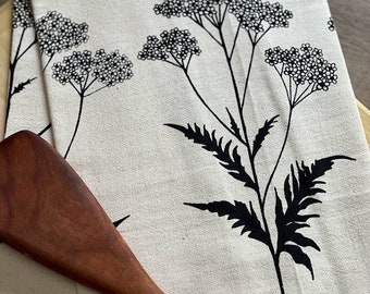 Yarrow flower flour sack tea towel. Screen printed kitchen towel. Hostess gift idea. Housewarming gift. Hand printed towel.