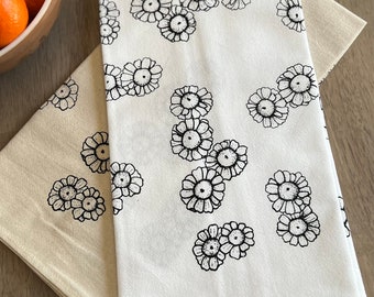 Chamomile blossom tea towel. Cotton kitchen dish towel. Housewarming gift. Hostess gift. Flower screen print. Black ink on white or natural.