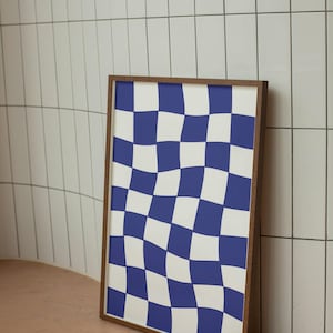 Karierte Wandkunst, blaue karierte Kunstdruck, Retro Funky Plakat, blaue druckbare Wandkunst, trendiges Schachbrettplakat, moderne blaue Kunstdruck