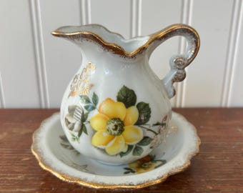 Juego de minijarra y cuenco vintage Ardco Japan – Diseño floral amarillo con detalles dorados