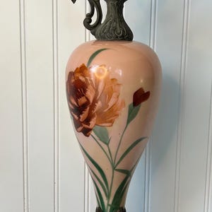 Vintage Brass Decorative Urn - Partially Hand Painted Print - Floral Design - Vintage Antique