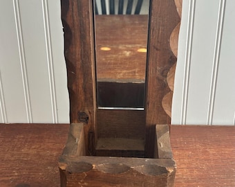 Vintage Hand-Carved Wooden Wall Shelf with Mirror | Primitive Rustic Decor | 12.5” x 6” x 5.5”