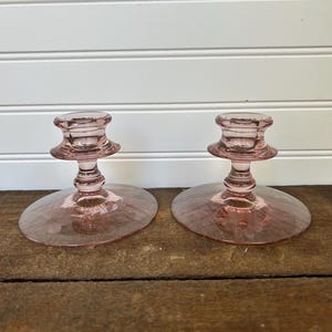 Vintage Pink Depression Glass Candle Holders – Etched Floral Design – 3.5” x 4.75” – 1930s Elegant Glass