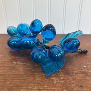 Vintage Cobalt Blue Glass Grape Cluster | 9” Hand Blown Glass Fruit | Mid-Century Hollywood Regency Decor