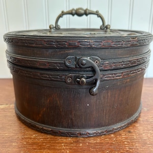 Vintage Box - Antique-Style Round Wooden Box with Ornate Brass Handle – 9.5” x 5”