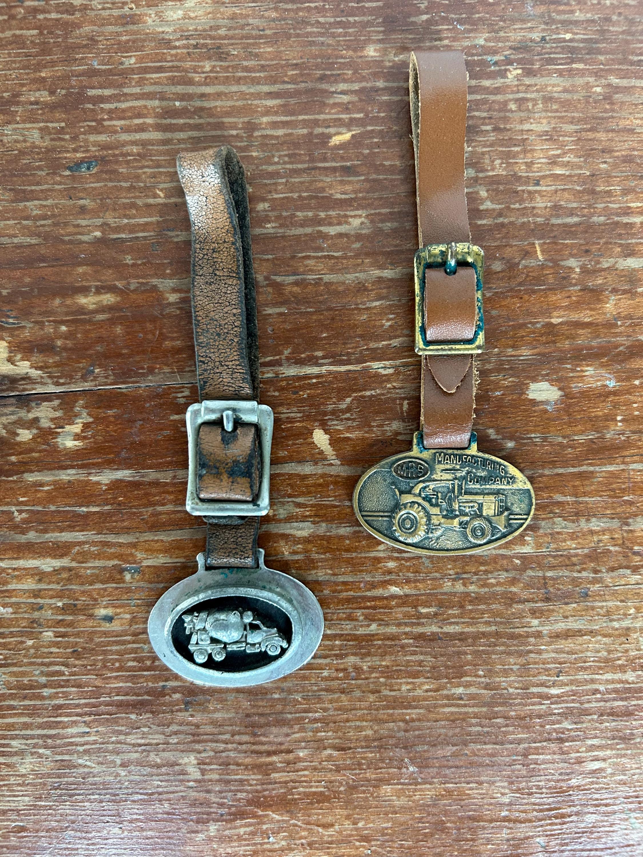 Antique Pocket Watch Fobs Featuring Leather Straps and Medallions Set of 2