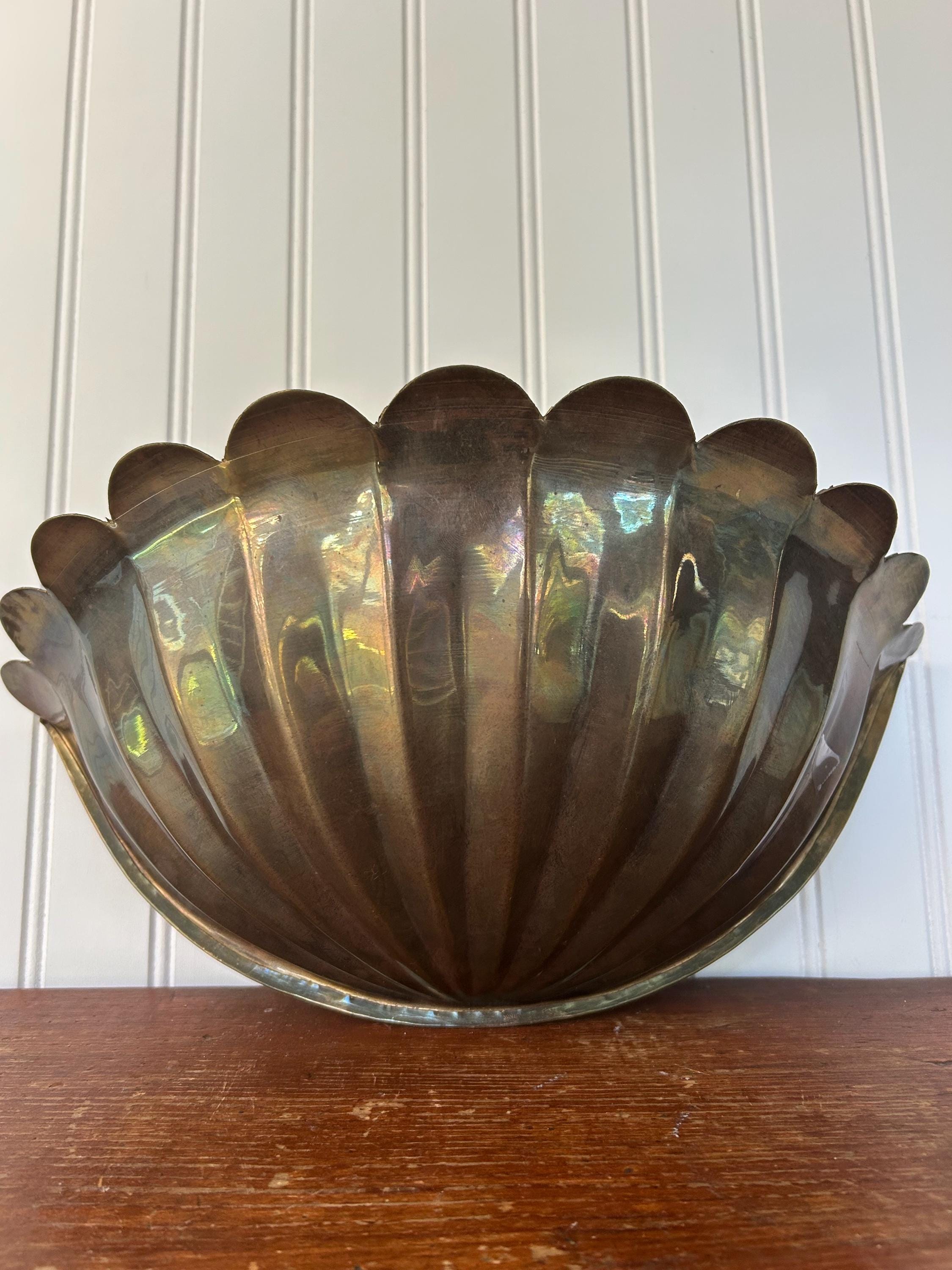 Vintage Brass Wall Pocket Planter | 14” Scalloped Hanging Wall Vase | Antique Patina | Cottagecore Garden Decor