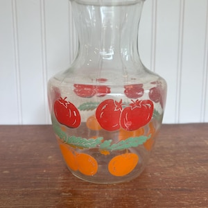 Vintage 1950s Anchor Hocking Glass Carafe | Tomato & Orange Fruit Design | Mid-Century Kitchen Pitcher