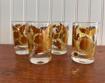 Vintage Mid-Century Gold Floral Juice Glasses – Set of 4 – Gilded Barware