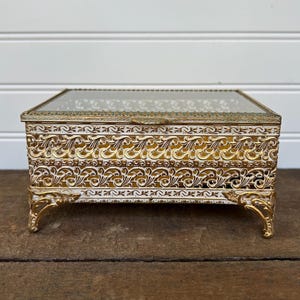 Vintage Filigree Jewelry Box with Beveled Glass Lid | Gold & White Metal Trinket Box | Hollywood Regency Vanity Décor