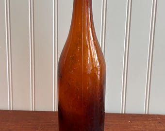 Hand-Dug Amber Glass Bottle | 11.5" Vintage Primitive Decor