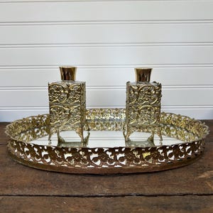 Vintage Gold Filigree Bottle Set with Mirrored Vanity Tray | Hollywood Regency Perfume Caddy