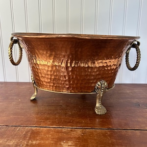 Copper Planter | Footed Oval Jardinière with Brass Handles & Claw Feet | 13.5” | Vintage Hammered Copper