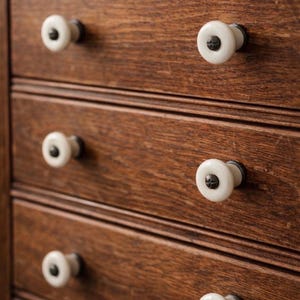 Puede incluir: Primer plano de una cómoda de madera con cuatro cajones. Cada cajón presenta un pomo redondo blanco con un centro oscuro. La madera tiene un tono marrón cálido y rico, y los pomos proporcionan un acento contrastante.