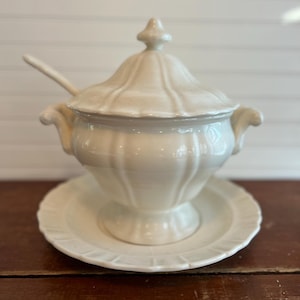 Antique Western Germany Ironstone Soup Tureen With Original Lid Ladle and Platter Signed