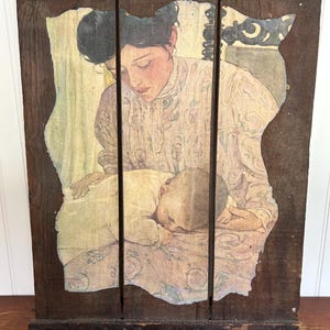Mabel Lucie Attwell Mother & Child Art: Rustic Reclaimed Wood Wall Decor (24” x 18.25”)