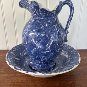 Vintage Blue Splatterware Krug & Becken Set - 8,5 &quot;Krug, 9,5&quot; Becken - Bauernhaus Cottagecore Charme