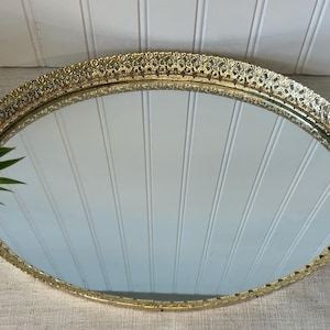 Vintage Large Gold Filigree Metal Hollywood Regency Oval Vanity Mirror Dresser Bathroom Display