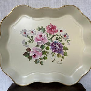 Vintage Handpainted Floral Metal Tray/ Francis floral tray . Hand painted tray . Grandmillenial tray . Coffee table tray . Gift for her
