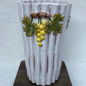 Vintage Italian-Style Ceramic Bamboo Vase | Yellow Grapes & Leaf Relief | Rustic Tuscan Farmhouse Decor | Umbrella Stand