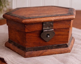 Vintage Hexagon Wooden Box With Metal Accents – Rustic Keepsake