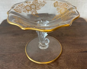 Vintage Fostoria Gold Floral Glass Pedestal/ Featuring Foliage Overlay/ Baroque Navarre/ Glass Pedestal Candy Dish