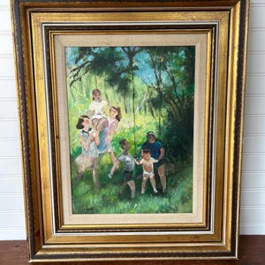 Vintage Impressionist Oil Painting: Children Playing, Gold Gilt Frame, Signed J. Lehar