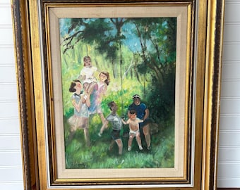 アンティーク油絵、ヴィンテージ印象派風景画、ゴールドフレームの