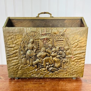 Vintage Traditional English Repousse Wood and Brass Magazine Rack - Caddy