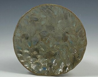 Green Black Gray Hand-Pinched Bowl With White/Blue/Black Seashell Pattern and Thrown Foot