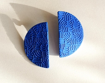 Mwezi | Large Blue Textured Polymer Clay Earrings | Handmade Lightweight Statement Jewelry | Unique Gift for Her